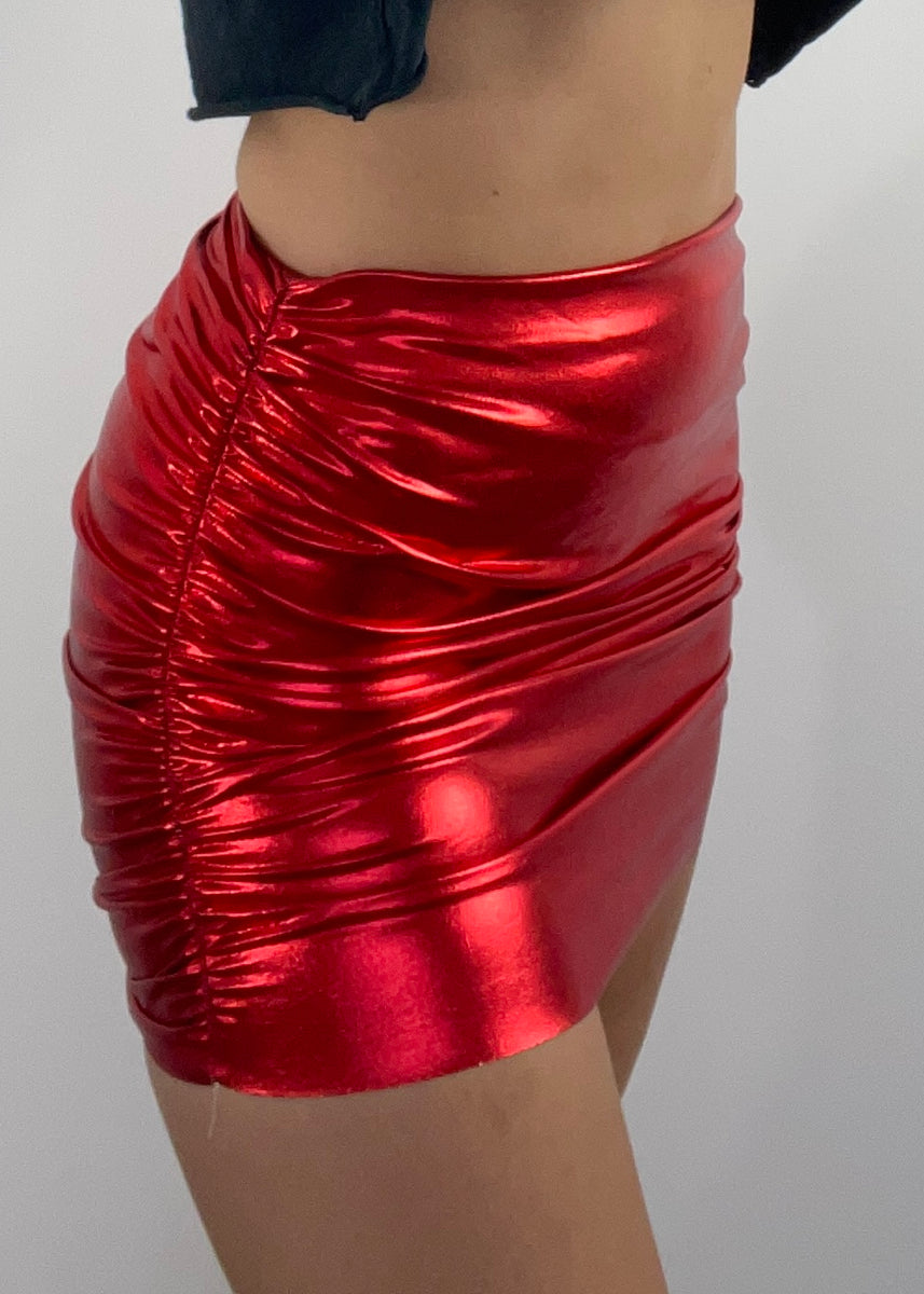 Red Metallic Ruched Mini Skirt - Main Image