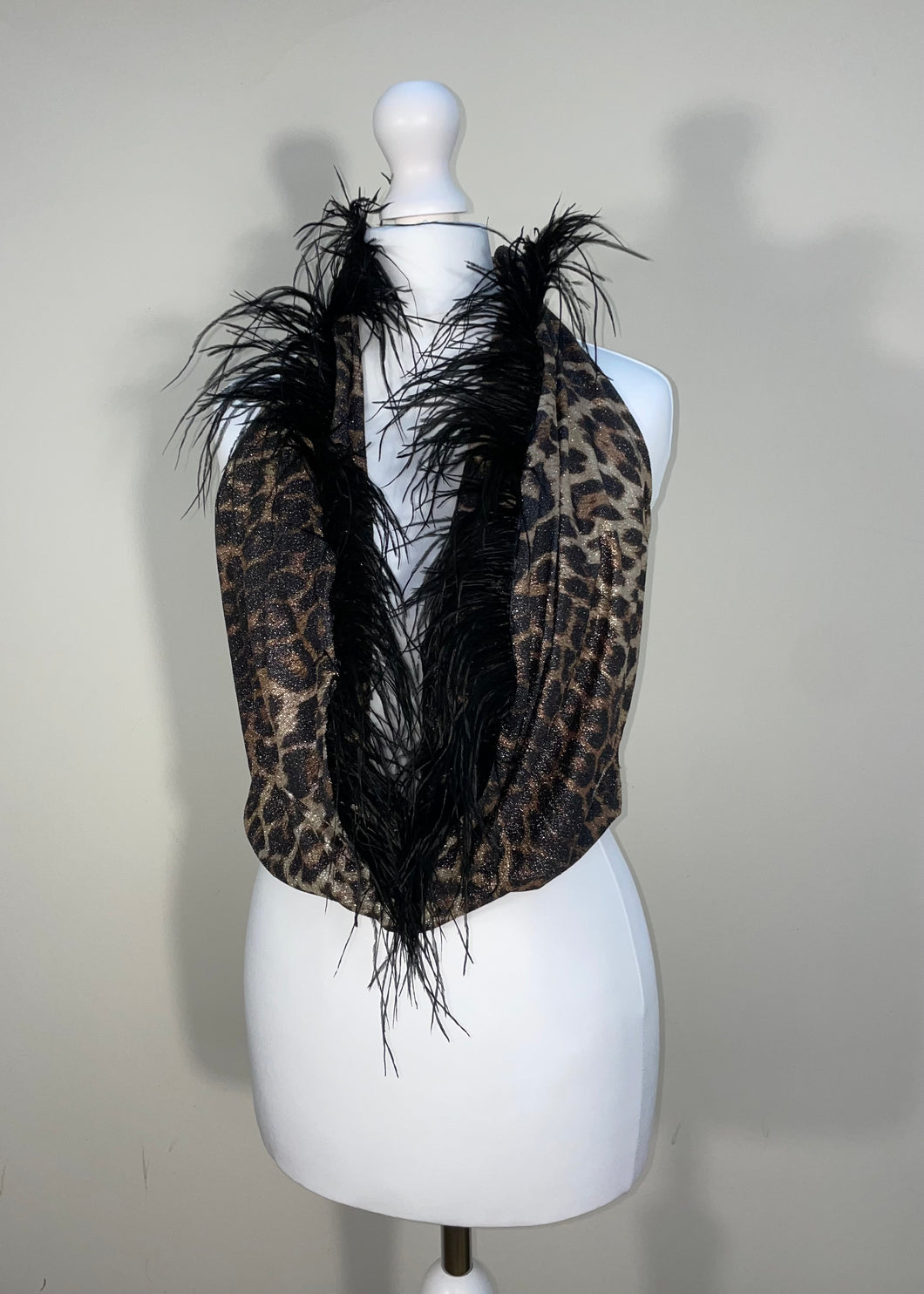 Shimmer Leopard Feather Trim Drape Top