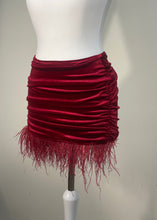 Load image into Gallery viewer, Red Velvet Feather Trim Drape Skirt
