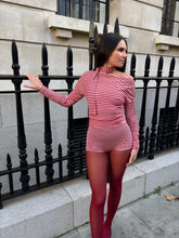 Load image into Gallery viewer, Red Stripe off the shoulder top with scarf
