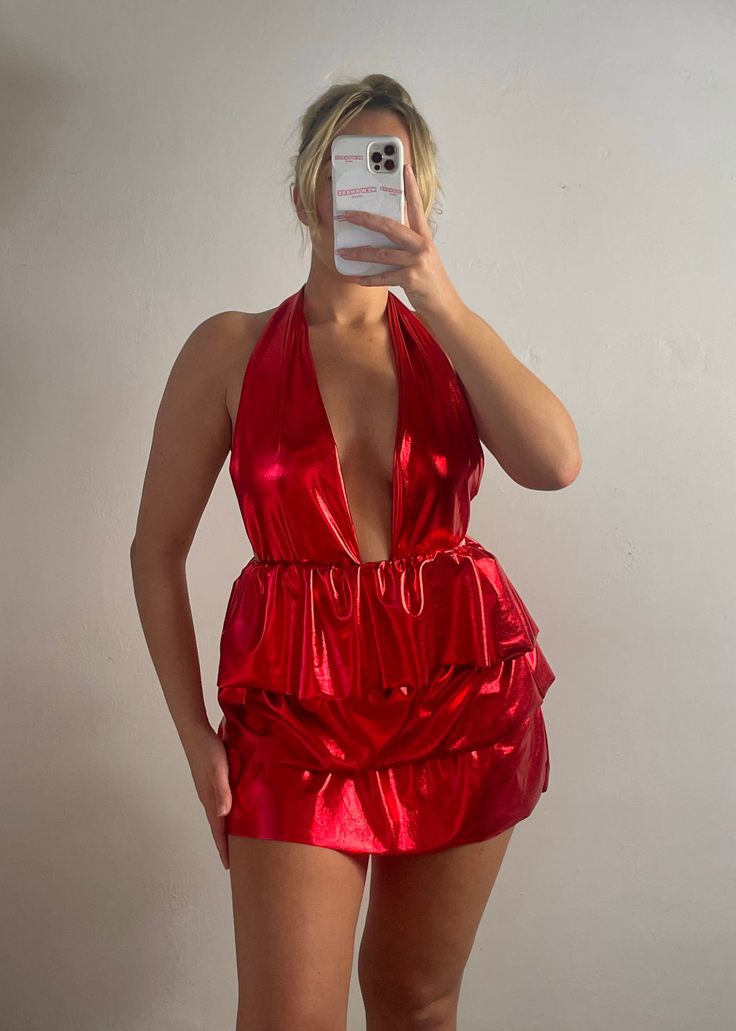 Red Metallic Ruffle Dress