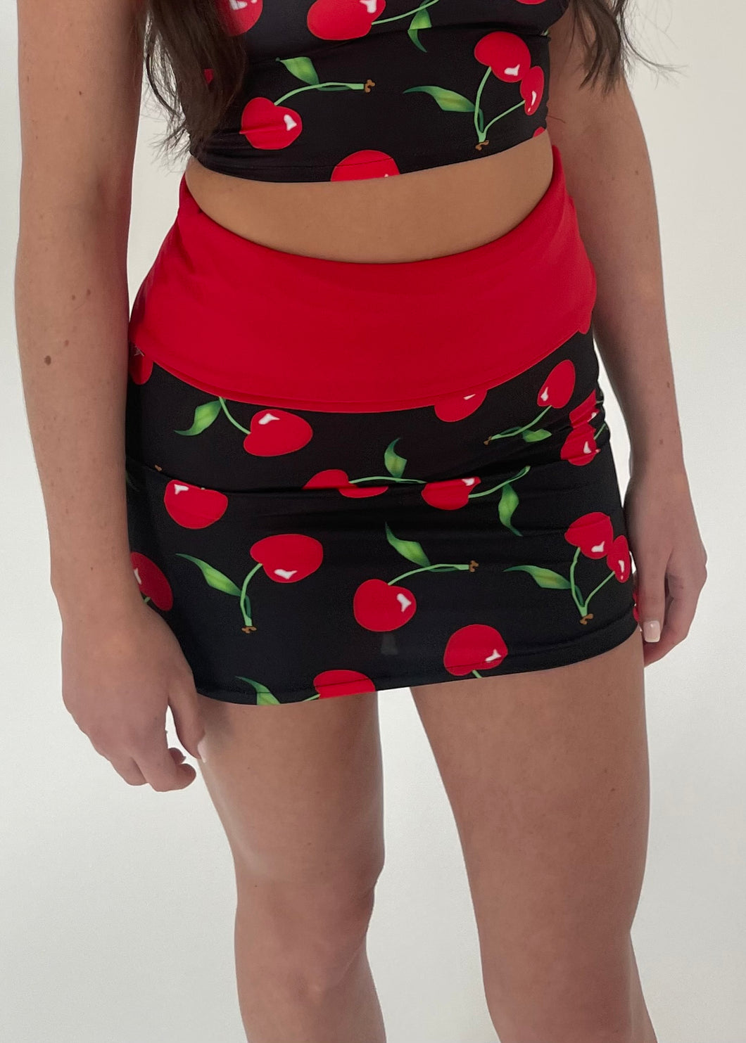 Black Cherry Print Fold Over Mini Skirt SAMPLE