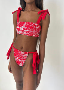 Red Lace Print Tie Up Bottoms