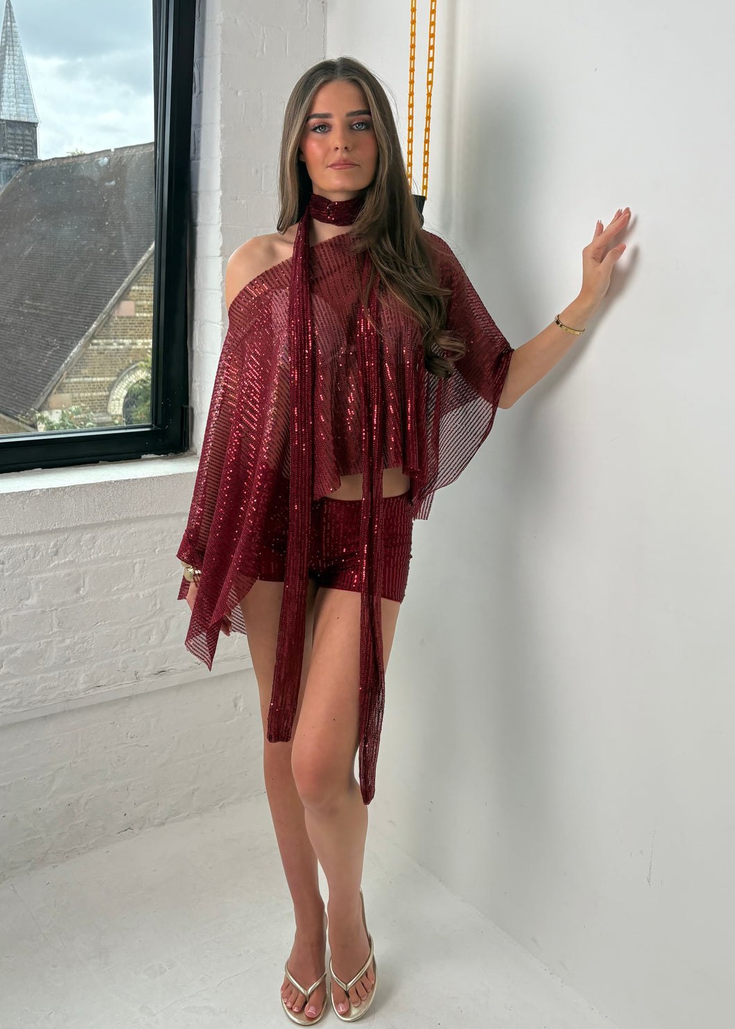 Wine Red Sequin Poncho and Scarf