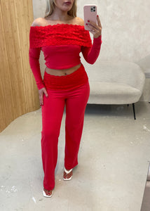 Red Lace Trim Trouser Co-Ord