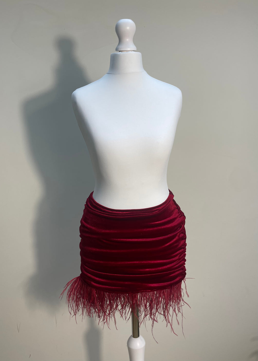 Red Velvet Feather Trim Drape Skirt