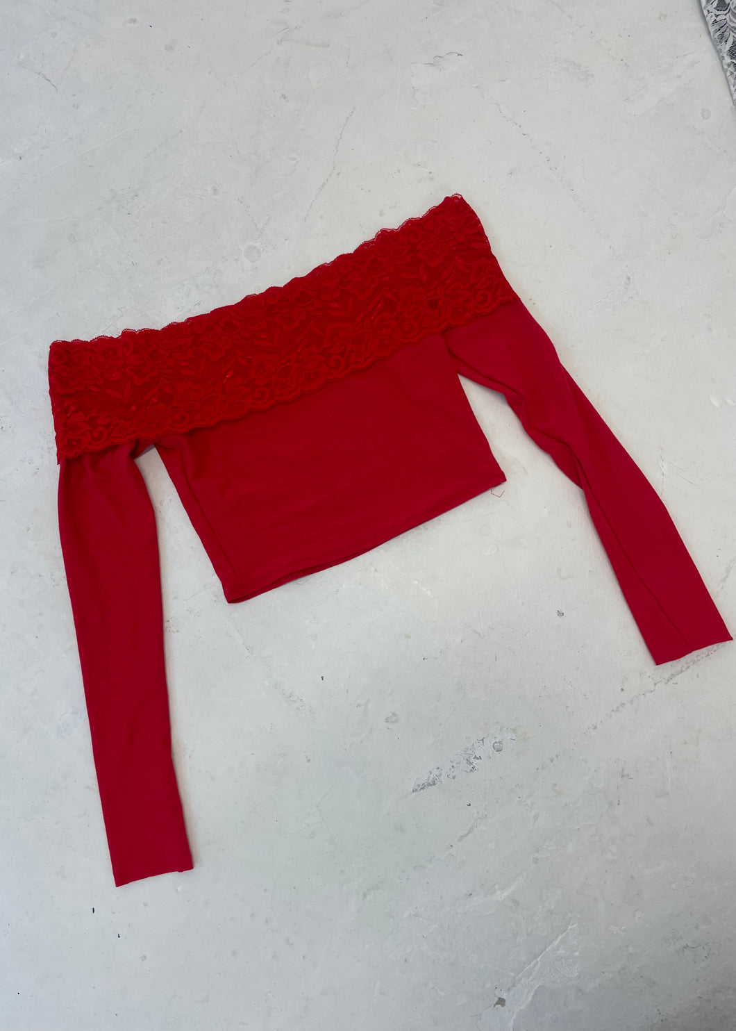 Red Lace Trim Bardot Crop Top