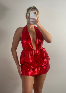 Red Metallic Ruffle Dress