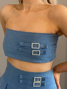 Denim Diamanté Buckle Bandeau