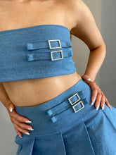 Load image into Gallery viewer, Denim Diamonté Buckle Pleated Skirt
