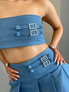 Denim Diamonté Buckle Pleated Skirt