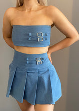 Load image into Gallery viewer, Denim Diamonté Buckle Pleated Skirt
