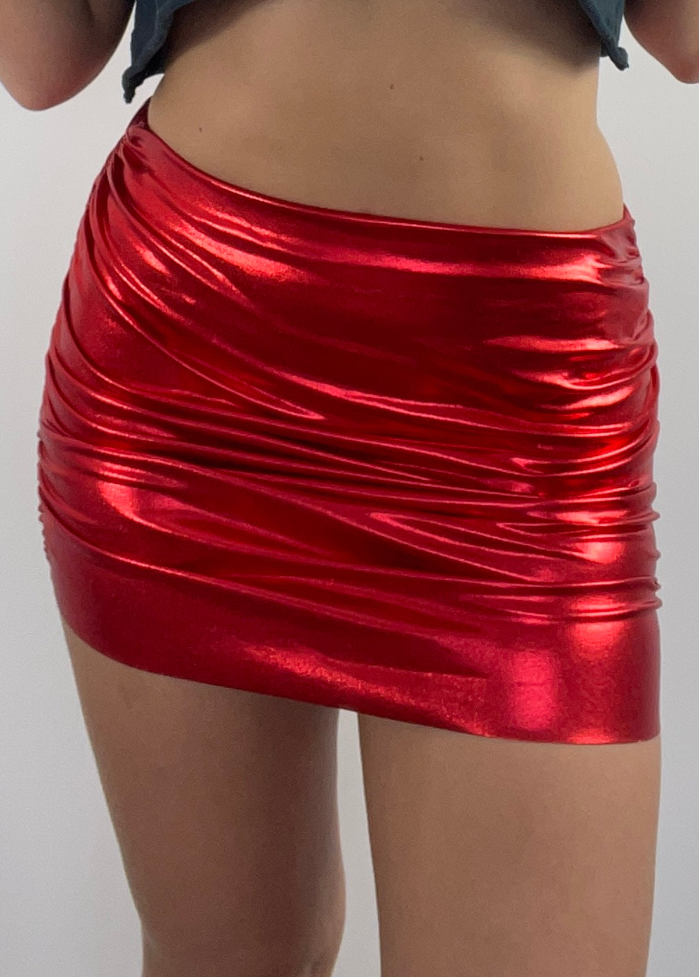 Red Metallic Ruched Mini Skirt