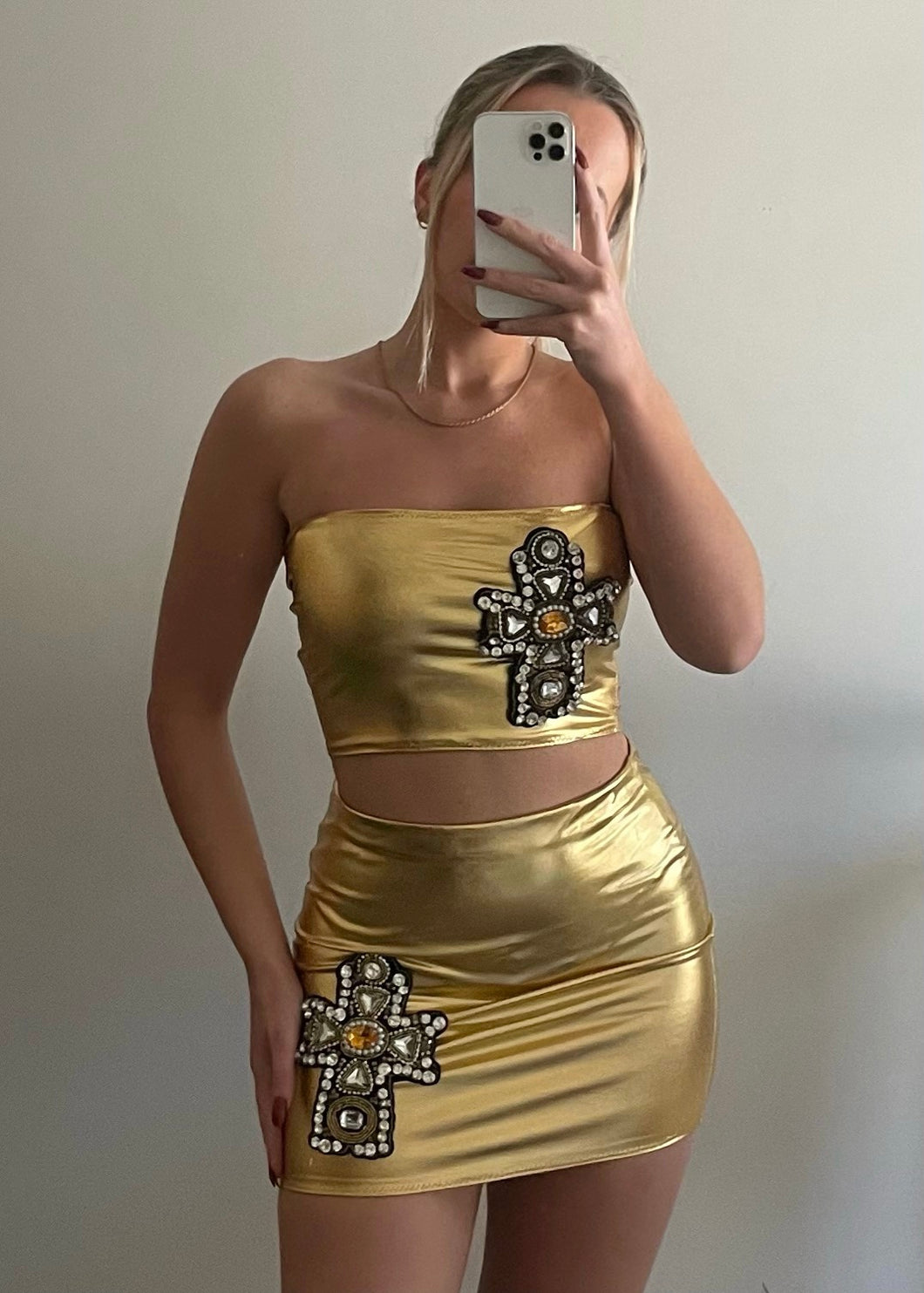 ‘Cross My Heart’ Gold Mini Skirt