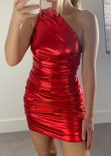 Load image into Gallery viewer, Metallic Red Ruched Asymmetric Hem Dress
