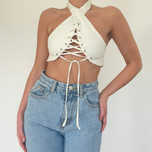 Cream Lace Up Halterneck