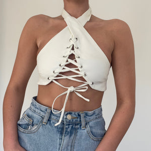 Cream Lace Up Halterneck